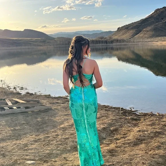 Green Sequin Gown with Side Slit